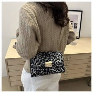 Detailed view of leopard print crossbody bag with gold chain strap worn by a model