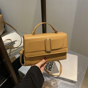 Women Minimalist PU Leather Small Square Bag With Metal Buckle Flap Shoulder Crossbody Bag Trendy Commuter Handbag