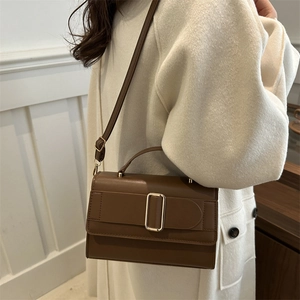 Brown rectangular crossbody bag with gold metal buckle shown on a white wool coat