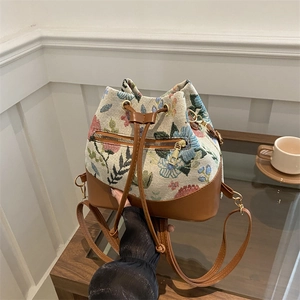 Bolso de Cubo Jacquard con Flores Vintage para Mujer Bolso de Lona Patchwork con Cierre de Cordón Bolso de Hombro Casual