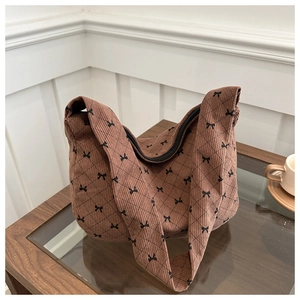 Borsa a Spalla da Donna in Velluto a Coste Con Stampa di Fiocchi e Motivo a Rombi Trapuntati Borsa Tote Dolce Retrò a Grande Capacità