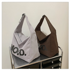 Canvas tote bags in purple and brown colors with MOOD letter print and wide strap