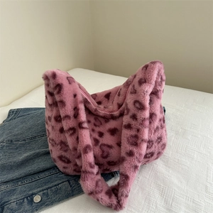 Sac à Épaule en Peluche à Imprimé Léopard pour Femmes Sac Cabas en Fausse Fourrure Main de Grande Capacité Automne Hiver