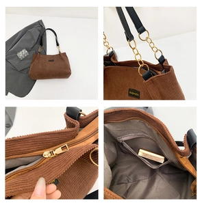 Détail du sac cabas en velours côtelé marron montrant la doublure et la fermeture