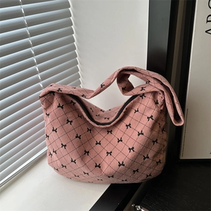 Damen Mode Cord Tote Bag Mit Schleife Rautengitter Druck Große Kapazität Schultertasche Lässige Pendler Handtasche
