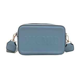 Light blue faux leather crossbody bag with MICMID embossed letters and wide strap