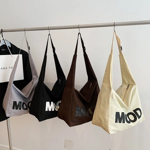 Minimalist canvas tote bags with MOOD lettering in grey, black, coffee, and beige colors