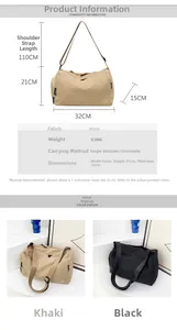 Detailed size specifications for the lightweight nylon crossbody bag in khaki and black