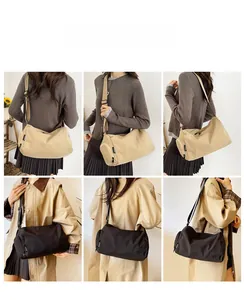 Collage showing khaki and black nylon crescent bags in various crossbody wearing styles