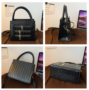Detail views of black crocodile pattern bag with three parallel zippers and gold hardware