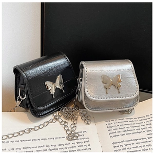 Mini crossbody square bags in pleated black and metallic silver with butterfly chains