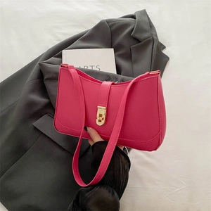 Women PU Leather Underarm Shoulder Bag Simple Solid Color Casual Handbag Gold Metal Buckle Commuter Bag For Ladies