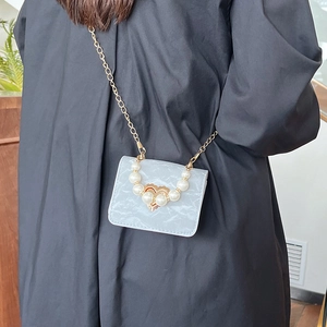 Chic light blue marble texture mini crossbody bag with pearl heart buckle and gold chain