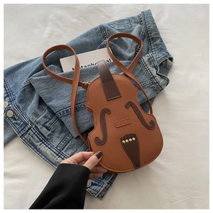 Creative violin shaped crossbody bag in brown PU leather with retro rivet detailing