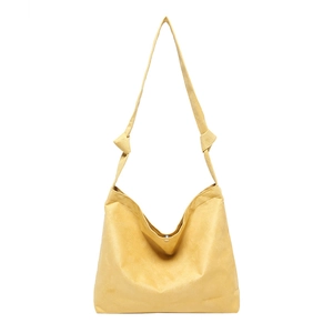 Minimalist lemon yellow matte faux suede tote bag with stylish knot shoulder strap detail