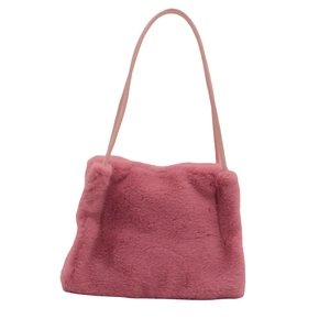 Pink faux fur shoulder bag with leather strap, 2024 winter fashion plush handbag for women