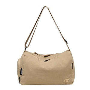 Large capacity washed nylon shoulder bag in beige with adjustable strap and front pocket