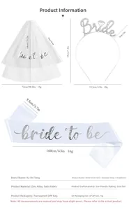 Detailed size specifications for bachelorette bridal veil, tiara, and satin sash set