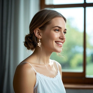 Détail de boucles d'oreilles feuilles dorées élégantes avec cristal sur un mannequin