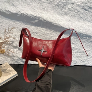 Women Fashion PU Leather Underarm Bag Silver Star Decor Large Capacity Solid Color Shoulder Crossbody Bag Retro Tote Bag