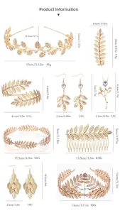 Detailed size chart for golden leaf bridal jewelry set including tiara and earrings