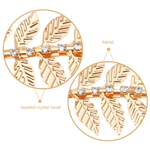 Golden leaf hair clip with crystal beads shown in detailed close-up and full view