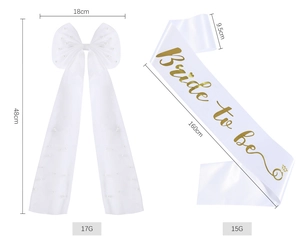 Detailed size view of tulle pearl bow hair clip and Bride To Be satin sash set