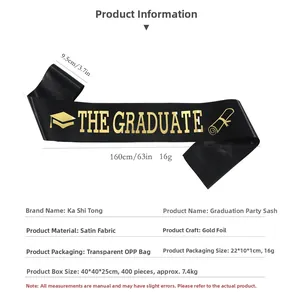Black satin graduation sash with gold foil 'THE GRADUATE' text and detailed dimension specs
