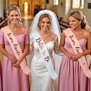 Bride to Be and Team Bride satin sashes with rose gold foil for bachelorette parties