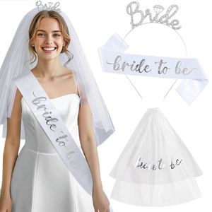 Bridal Shower Bachelorette Party Set Bride To Be Rhinestone Tiara White Satin Sash Double Layer Mesh Veil Party Supplies