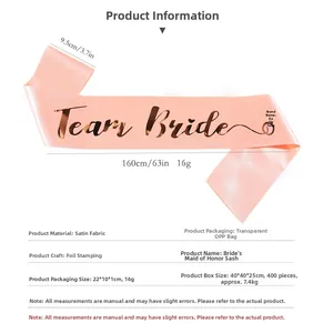Pink satin Team Bride sash detail with gold foil lettering and ring pattern for hen party