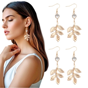 Boucles d'Oreilles Pendantes Feuille en Alliage Doré Baroque avec Strass Brillants Bijoux de Mariée Vintage pour Femme Fête
