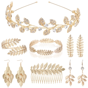 Detailed view of 7-piece bridal gold leaf accessory set with crystal headpiece and jewelry