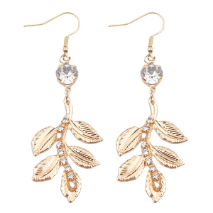 Boucles d'oreilles pendantes dorées avec feuilles en cristal et style déesse grecque