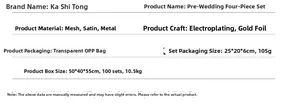 Detailed specifications for bride to be set featuring sash, veil, tiara, and badge set