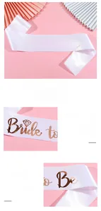 Detail of white satin Bride to Be sash with rose gold lettering and diamond graphic