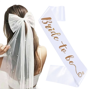 White bridal bow veil with pearls and Bride to be satin sash set for wedding party