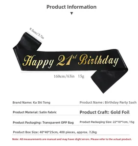 Detailed size specifications for 21st birthday satin sash with gold foil lettering