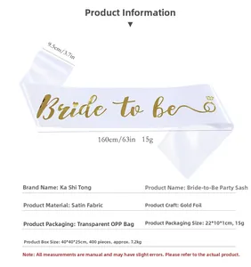 Detailed dimensions and specifications of the white satin Bride to be gold stamped sash