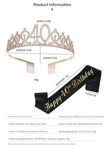 Detail of 40th birthday set with crystal tiara and black gold foil party sash