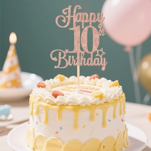 Décoration de gâteau 10 ans Happy Birthday paillettes or rose avec des étoiles