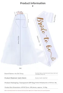 Bride to be party set detail with white satin sash and bridal veil headband dimensions