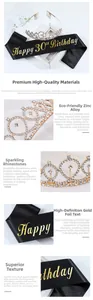 Macro detail of 30th birthday tiara with rhinestones and gold stamped black satin sash