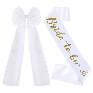 White tulle pearl bow hair clip and Bride to Be gold foil sash wedding party set
