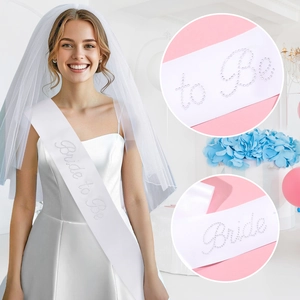 White satin Bride to Be sash with rhinestone lettering for wedding party bridal showers