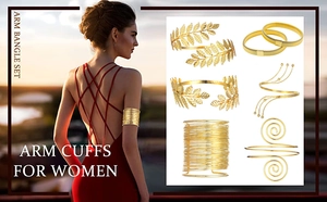 Detailed set of 6 golden baroque arm cuffs including leaf and spiral snake designs
