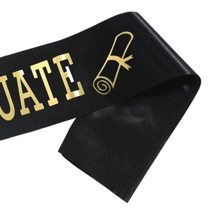 Black satin graduation sash with golden The Graduate text and diploma icon