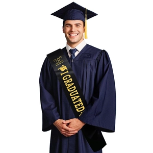 Class of 2025 graduation gown set with navy blue robe, cap, and golden sash