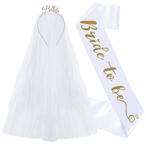 White bridal veil headband with gold Bride lettering and matching Bride to be satin sash set