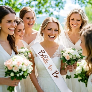 White satin Bride to Be sash with rose gold lettering for bachelorette party outfit